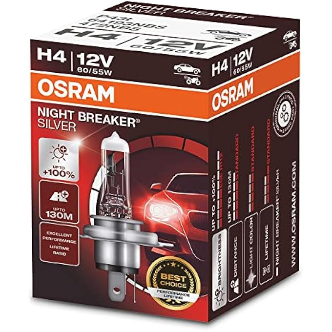أوسرام مصباح أمامي هالوجين H4 فضي من Night Breaker، علبة كرتون قابلة للطي، مصباح واحد - Image 1