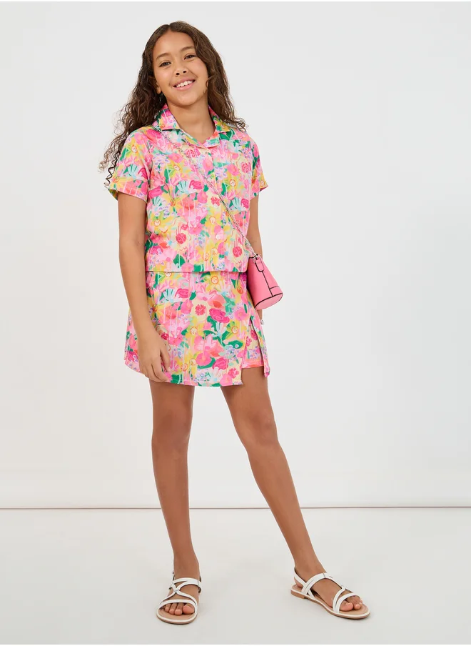 ستايلي Styli All Over Floral Printed Shirt and Skort Co-Ords