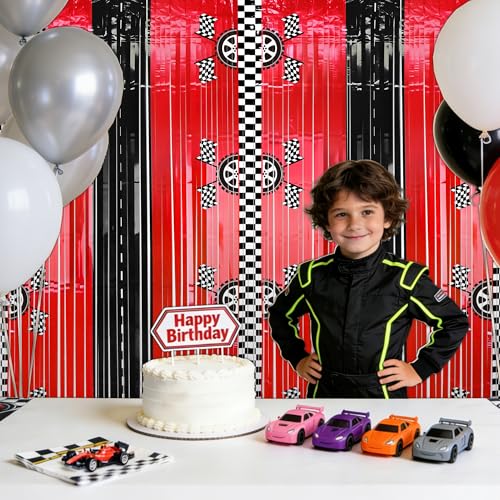 Bsenhe 2PCS Race Car Foil Fringe Backdrop Curtains, Race Car Birthday Party Decorations, Black White Red Photo Backdrop for Fast Wheels Happy Dude Birthday Party Decorations 3.28 X 6.56 Ft - Image 5