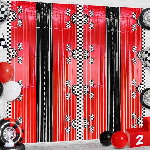 Bsenhe 2PCS Race Car Foil Fringe Backdrop Curtains, Race Car Birthday Party Decorations, Black White Red Photo Backdrop for Fast Wheels Happy Dude Birthday Party Decorations 3.28 X 6.56 Ft - Image 1