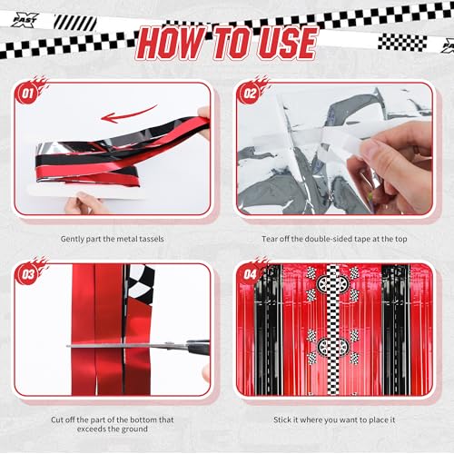 Bsenhe 2PCS Race Car Foil Fringe Backdrop Curtains, Race Car Birthday Party Decorations, Black White Red Photo Backdrop for Fast Wheels Happy Dude Birthday Party Decorations 3.28 X 6.56 Ft - Image 3