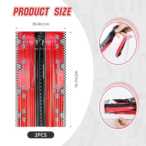Bsenhe 2PCS Race Car Foil Fringe Backdrop Curtains, Race Car Birthday Party Decorations, Black White Red Photo Backdrop for Fast Wheels Happy Dude Birthday Party Decorations 3.28 X 6.56 Ft - Image 2