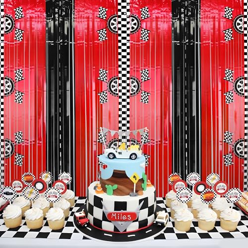 Bsenhe 2PCS Race Car Foil Fringe Backdrop Curtains, Race Car Birthday Party Decorations, Black White Red Photo Backdrop for Fast Wheels Happy Dude Birthday Party Decorations 3.28 X 6.56 Ft - Image 4