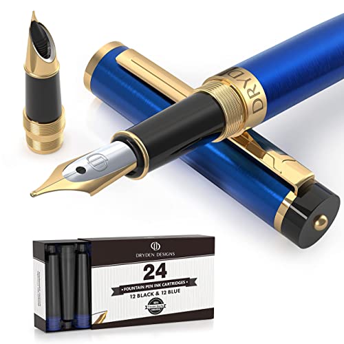 Dryden Designs Fountain Pen - Medium and Fine Nibs | Includes 24 Ink Cartridges and Ink Refill Converter | Calligraphy Pen, Consistent Writing, Smooth Flow - Mysterious Blue - Image 1