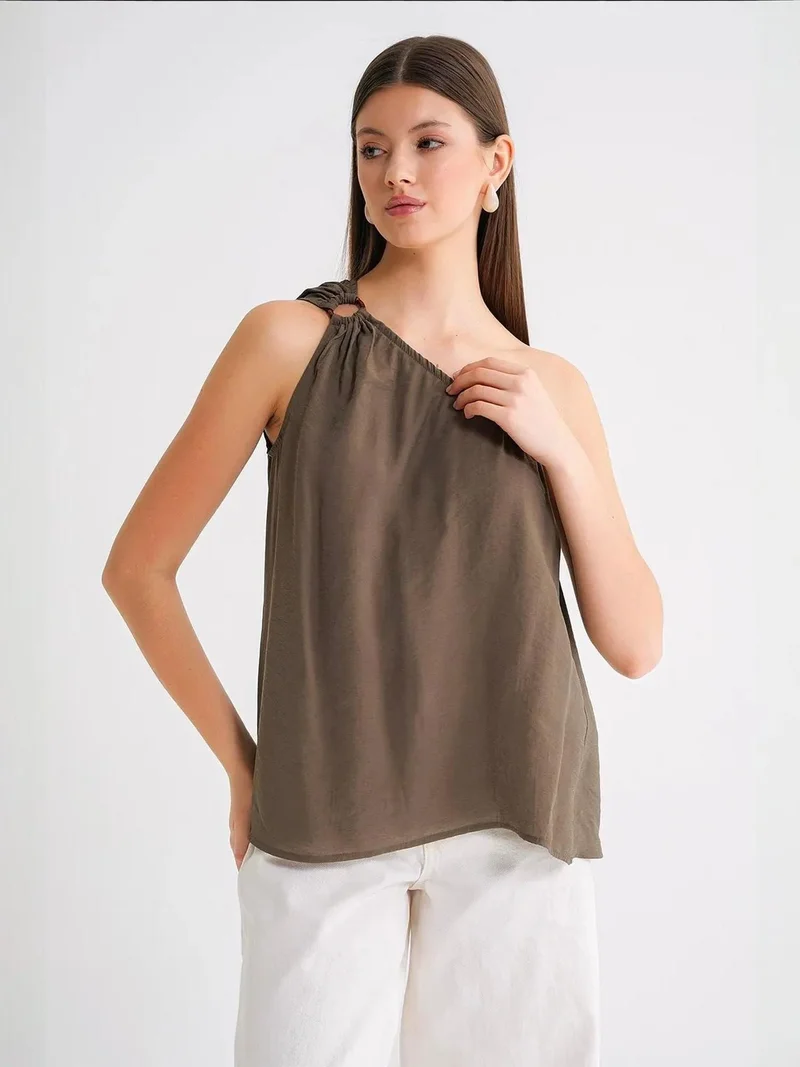 MixRay Khaki Green Mixray Asymmetrical Collar Accessory Detailed Top for Women | Best Price UAE