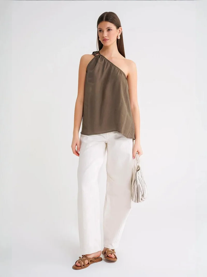 MixRay Khaki Green Mixray Asymmetrical Collar Accessory Detailed Top for Women | Best Price UAE