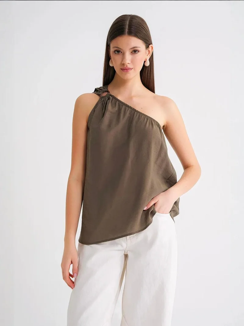 MixRay Khaki Green Mixray Asymmetrical Collar Accessory Detailed Top for Women | Best Price UAE