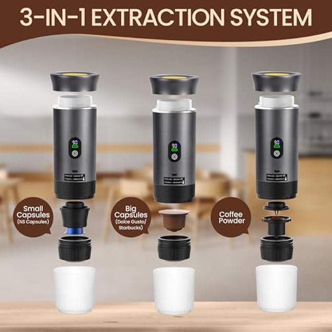 ريحني ماكينة صنع قهوة إسبريسو كهربائية محمولة مع شاشة LED وتسخين ذاتي USB-C 3 في 1، متوافقة مع كبسولات كبيرة وصغيرة، قهوة مطحونة للتخييم والمكتب، لون رمادي - Image 3