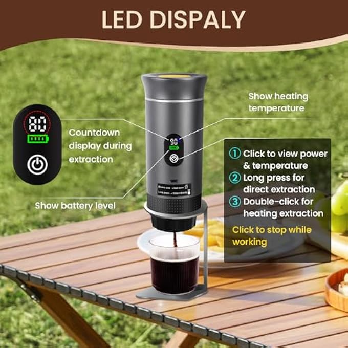 ريحني ماكينة صنع قهوة إسبريسو كهربائية محمولة مع شاشة LED وتسخين ذاتي USB-C 3 في 1، متوافقة مع كبسولات كبيرة وصغيرة، قهوة مطحونة للتخييم والمكتب، لون رمادي - Image 4