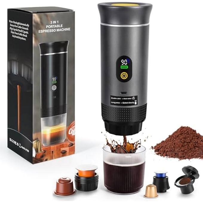 ريحني ماكينة صنع قهوة إسبريسو كهربائية محمولة مع شاشة LED وتسخين ذاتي USB-C 3 في 1، متوافقة مع كبسولات كبيرة وصغيرة، قهوة مطحونة للتخييم والمكتب، لون رمادي - Image 2