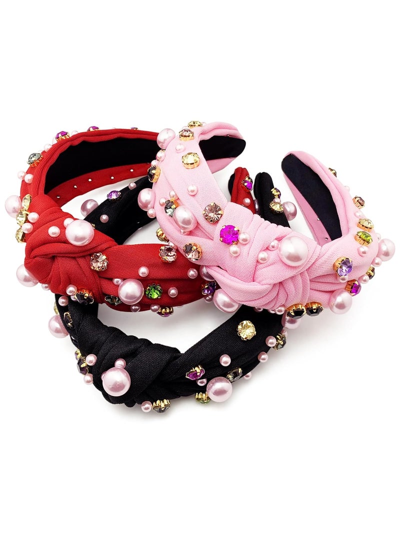 BETITETO BETITETO Knotted Headbands for Women 3pcs Pink Beaded Pearls Rhinestone Crystal Wide Hair Bands Hoops Accessories Gifts For Her BlackPinkRed 