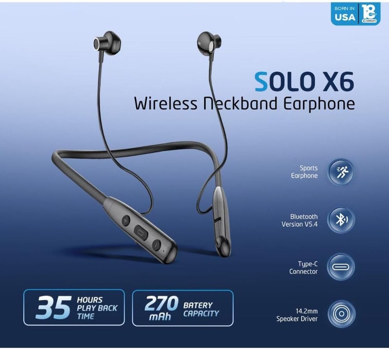 IQ TOUCH Bluetooth Neckband Earphones, Stereo Sound, 55Hrs Playtime, 300Hrs Standby, Skin-Friendly Material, Bluetooth 5.4, Type-C Charging, Wireless Headphones with Mic, SOLO-X6 - Image 4