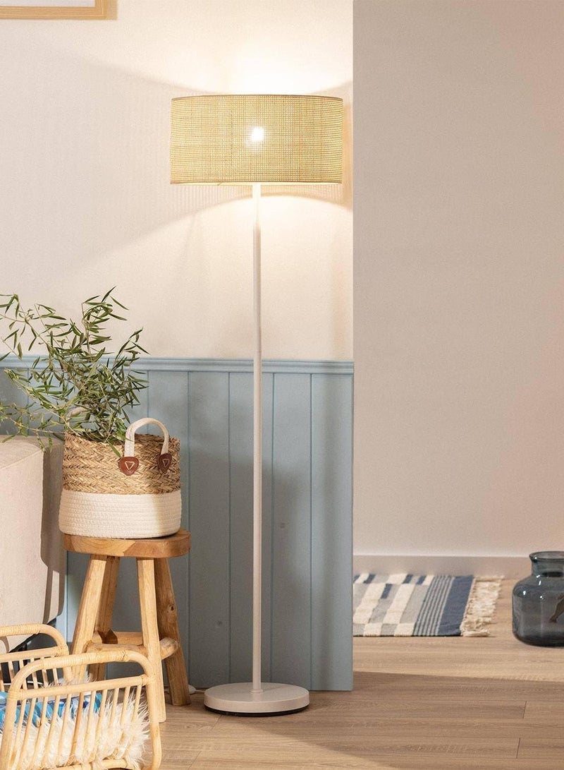 بريمو بلس مصباح أرضي بطابع أوروبي بسيط أبيض , مصباح طويل قائم بنمط ريفي مع عاكس للضوء من الكتان، مصباح قائم للقراءة لغرفة المعيشة، مصباح عمود طويل لغرفة النوم/العائلة/المكتب - Image 1