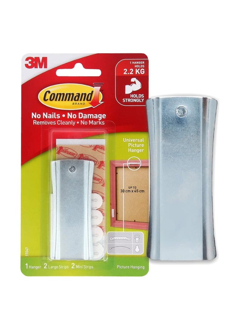 Command Command Universal Metal Picture Hanger and 2 Strips, Self Adhesive, Damage Free Walls -Silver - Image 1