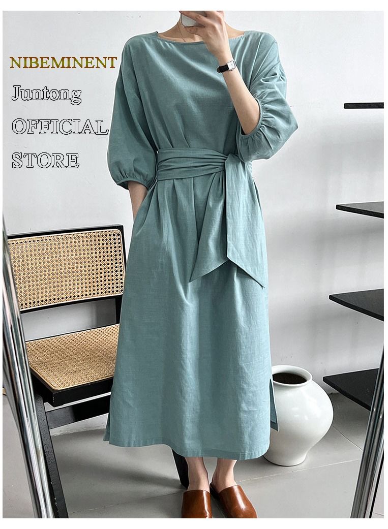NIBEMINENT Women's Dress Lightweight and Elegant Medium Sleeve Square Neck Dress Vintage Fluffy Sleeve Waist Wrapped Dress Heel Covering Long Dress  - Image 1