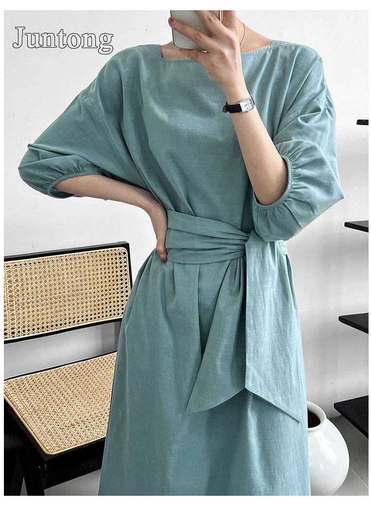 NIBEMINENT Women's Dress Lightweight and Elegant Medium Sleeve Square Neck Dress Vintage Fluffy Sleeve Waist Wrapped Dress Heel Covering Long Dress  - Image 5