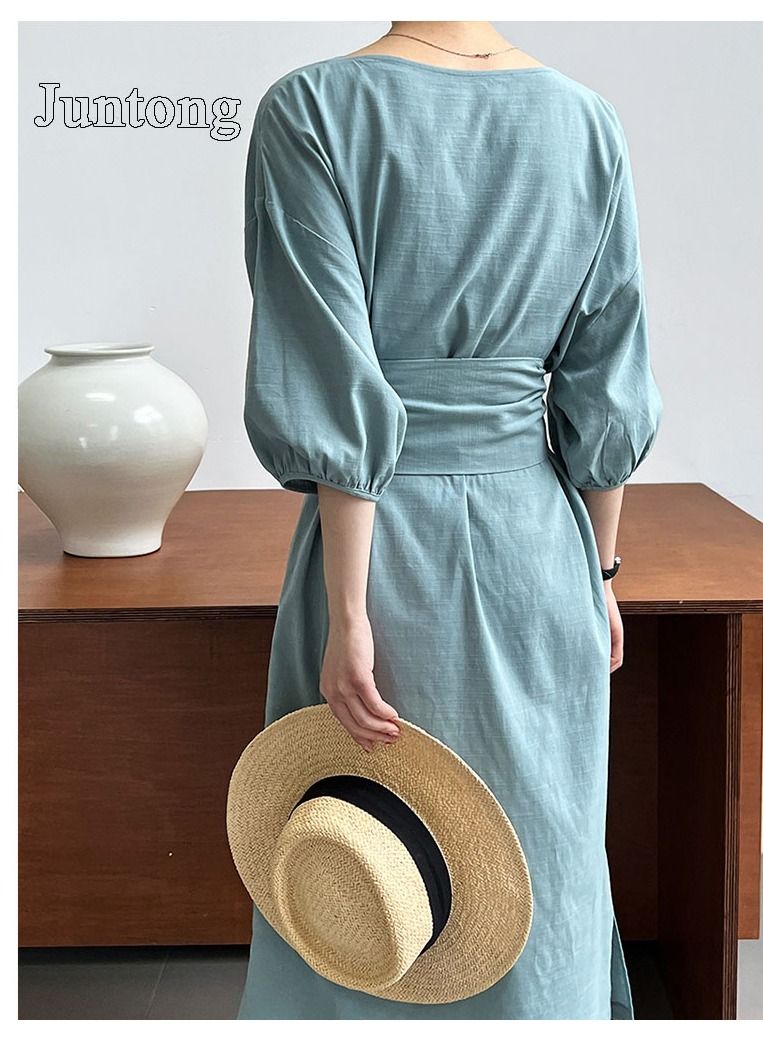 NIBEMINENT Women's Dress Lightweight and Elegant Medium Sleeve Square Neck Dress Vintage Fluffy Sleeve Waist Wrapped Dress Heel Covering Long Dress  - Image 3