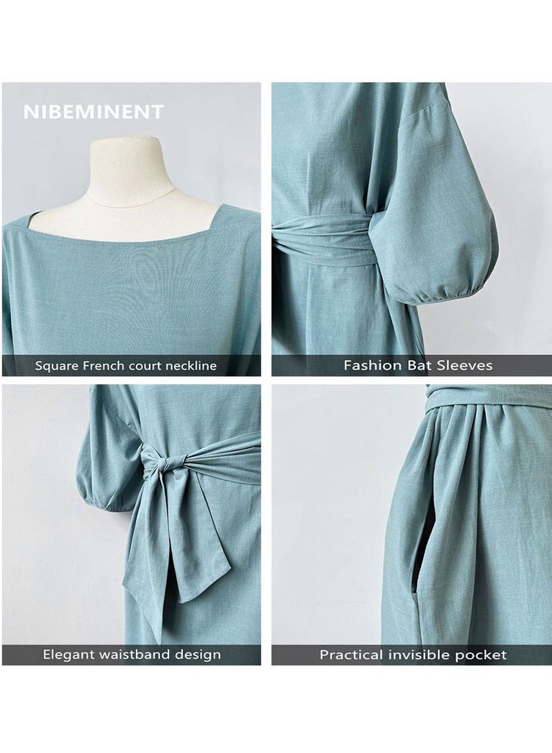 NIBEMINENT Women's Dress Lightweight and Elegant Medium Sleeve Square Neck Dress Vintage Fluffy Sleeve Waist Wrapped Dress Heel Covering Long Dress  - Image 4