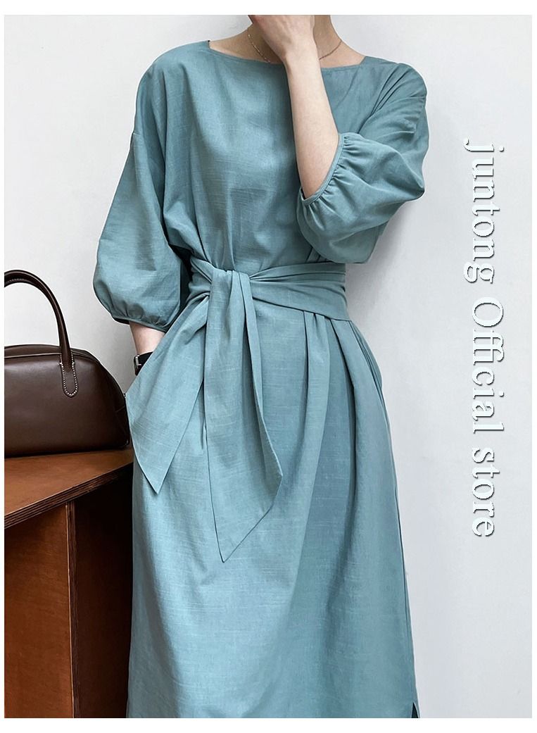 NIBEMINENT Women's Dress Lightweight and Elegant Medium Sleeve Square Neck Dress Vintage Fluffy Sleeve Waist Wrapped Dress Heel Covering Long Dress  - Image 2
