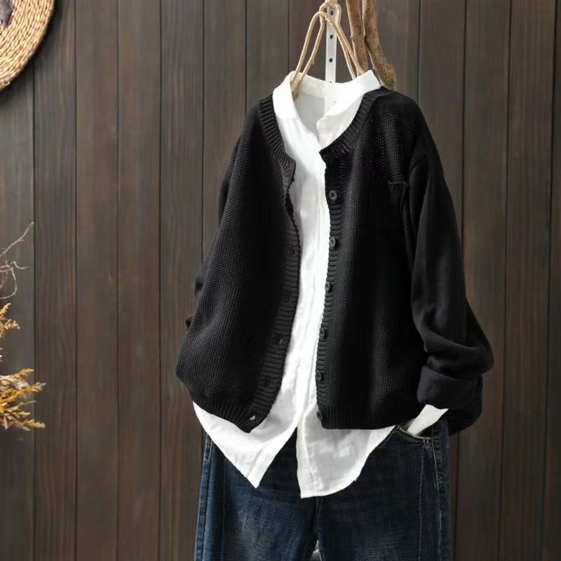 2023 Knitted Cardigan Sweater Womens Autumn Artistic Retro Long-sleeved Jacket Casual Top Black [high quality fabric and high quality]