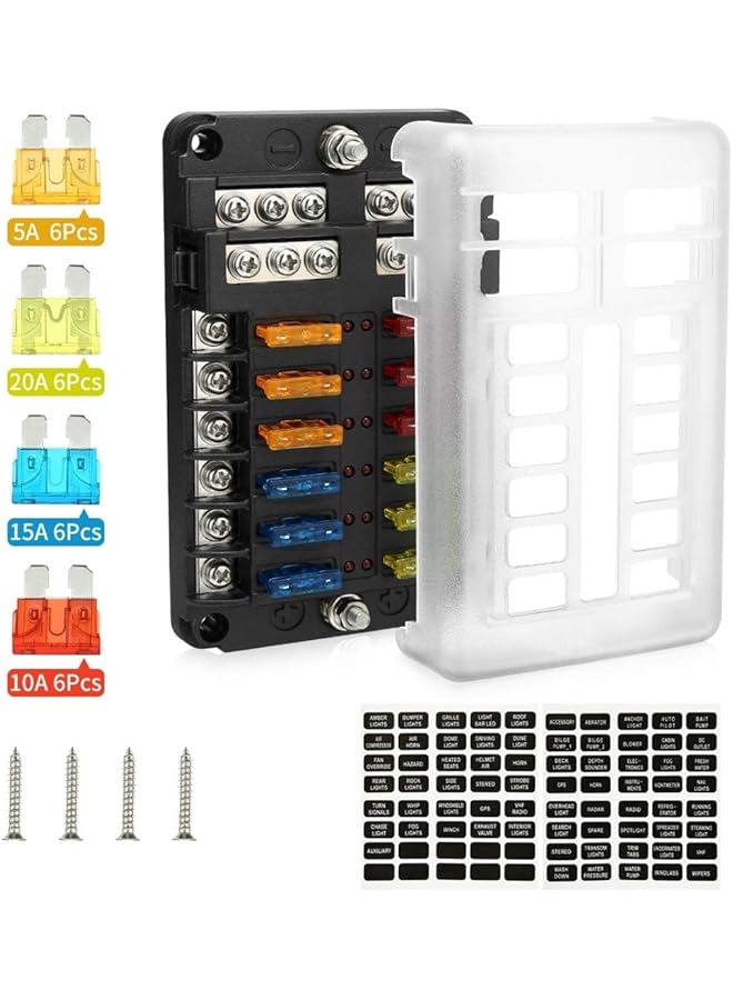 PROMASS صندوق فيوز 12 طريق شفرات مع مؤشر LED مع ناقل سالب، لوحة فيوز شفرات مقاومة للماء 12 دائرة 30A لكل دائرة للسيارات والقوارب والبحرية وSUV - Image 1