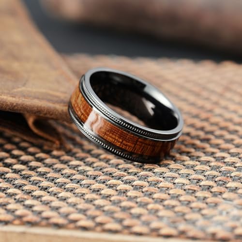King Will Titanium Wedding Band for Men-8mm Black Titanium Men Ring with Koa Wood Inlay, Wooden Wedding Band Ring for Men Women Comfort Fit Size 10.5 - Image 3