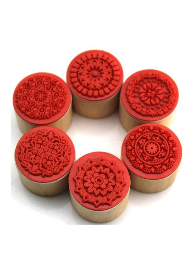 Decora 6 Pieces Floral Pattern Round Wooden Rubber Stamp for Scrapbooking - Image 1