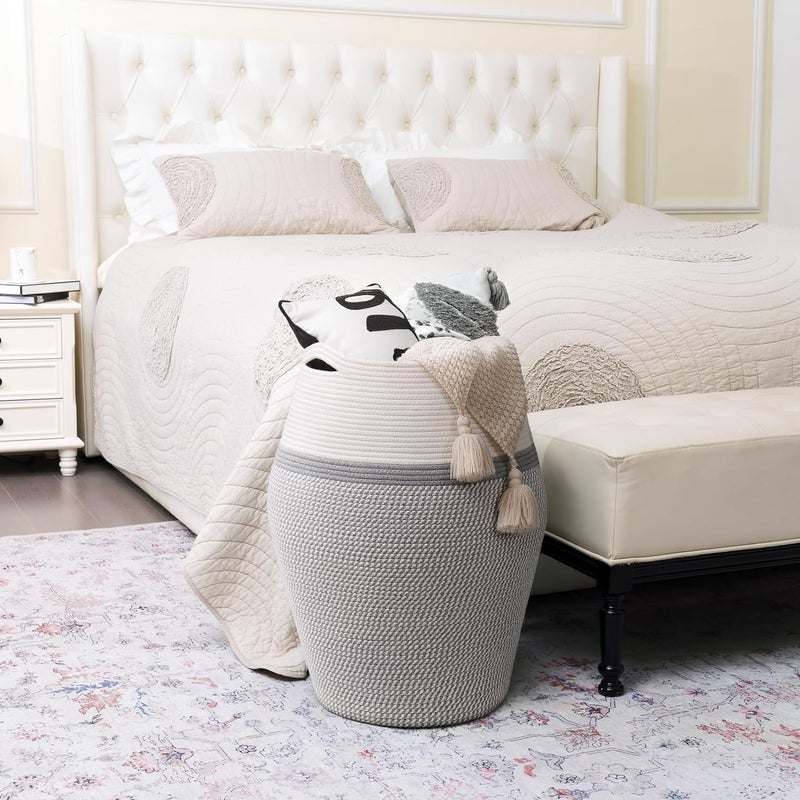 RELEMTRA Tall Extra Large Storage Basket with Lid Cotton Rope Storage Baskets Woven Laundry Hamper with Cover Toy Storage Bin for Toys Blanket in Living Room Baby Nursery WhiteGrey - Image 2