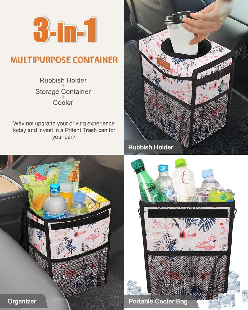 Pritent Car Trash Can with Lid, Cute Leakproof Car Trash Garbage Bag Hanging Vehicle Trash Bin Small Portable Automotive Garbage Cans Organizer for Back/Front Seat(Trapezoid,Flamingo Print - Image 5