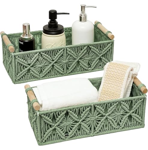 HOSROOME Macrame Boho Decor Baskets for Organizing Woven Decorative Basket for Countertop Toilet Paper Basket for Tank Top for Home Decor Bedroom Nursery Livingroom Entryway (Set of 2,Green) - Image 1
