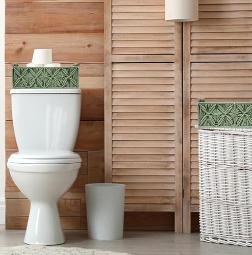 HOSROOME Macrame Boho Decor Baskets for Organizing Woven Decorative Basket for Countertop Toilet Paper Basket for Tank Top for Home Decor Bedroom Nursery Livingroom Entryway (Set of 2,Green) - Image 5