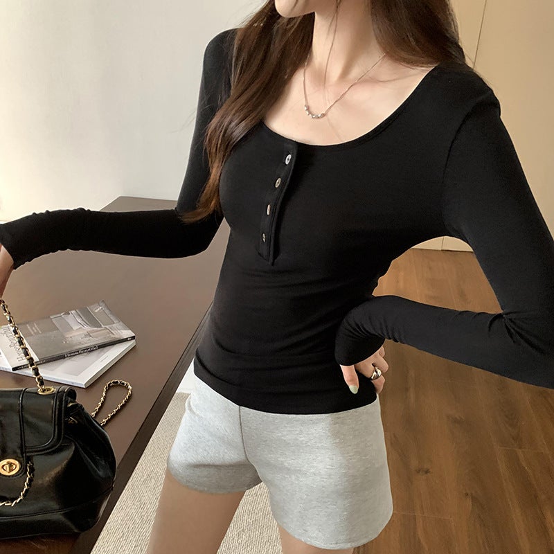 Hot-Selling Thin V-Neck Unique and Beautiful Henry Long-Sleeved T-Shirt 2025 Simple Loose Inner Layering Right Shoulder Top - Image 1