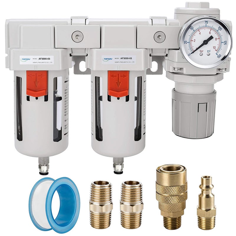 NANPU 38 NPT Air Drying System Double Air Filters Air Pressure Regulator Combo SemiAuto Drain Poly Bowl