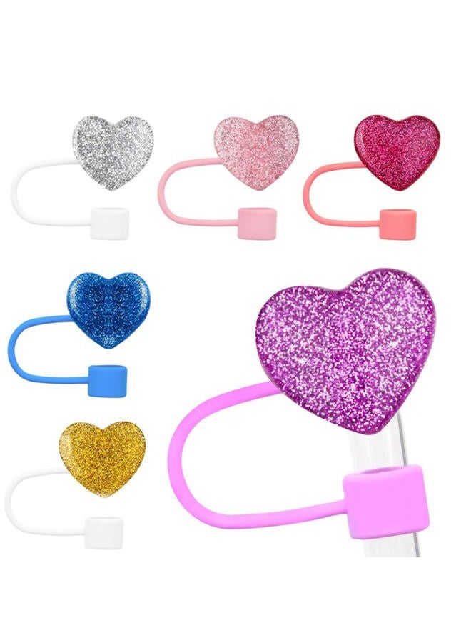 UCCASA 6Pcs Valentine's Day Straw Toppers 10mm Glitter Heart Straw Cover Cap Reusable Silicone Straw Topper Colorful Heart Cute Design Drinking Straw Covers Valentine's Straw Lids Protectors Holiday Party - Image 1