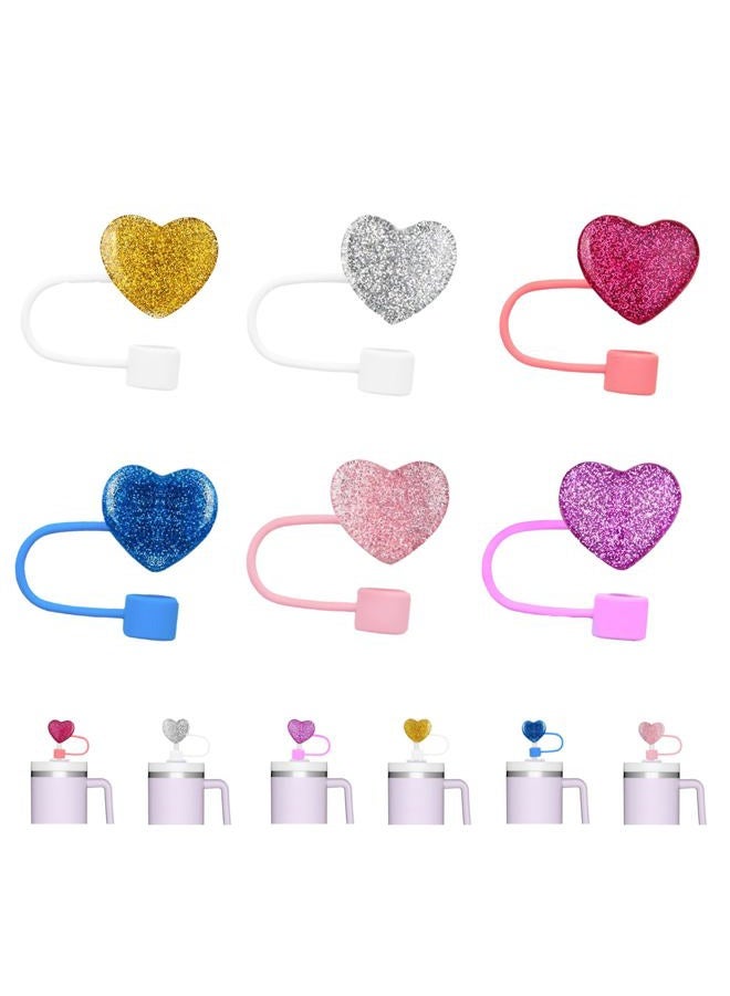 UCCASA 6Pcs Valentine's Day Straw Toppers 10mm Glitter Heart Straw Cover Cap Reusable Silicone Straw Topper Colorful Heart Cute Design Drinking Straw Covers Valentine's Straw Lids Protectors Holiday Party - Image 4