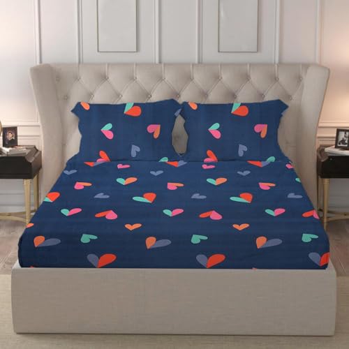 LOOMLYFE 300 TC Cotton Feel Glace Cotton Elastic Fitted Printed King Size Double Bed Bedsheet with 2 Pillow Covers Fits Upto 8 inches Mattress, Size- 72X78 Inches, Blue Hearts - Image 1