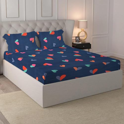 LOOMLYFE 300 TC Cotton Feel Glace Cotton Elastic Fitted Printed King Size Double Bed Bedsheet with 2 Pillow Covers Fits Upto 8 inches Mattress, Size- 72X78 Inches, Blue Hearts - Image 2