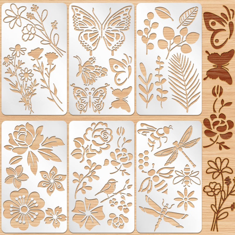 Lewtemi 6 Pcs Mixed Metal Stencil Wood Stencil Templates Stencils for Journaling Burning Stencils for Wood Carving Drawing Engraving Scrapbooking Journal Craft DIY(Plant Style) - Image 1