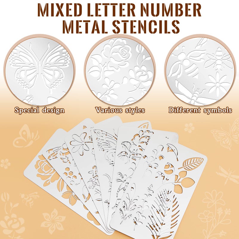 Lewtemi 6 Pcs Mixed Metal Stencil Wood Stencil Templates Stencils for Journaling Burning Stencils for Wood Carving Drawing Engraving Scrapbooking Journal Craft DIY(Plant Style) - Image 3