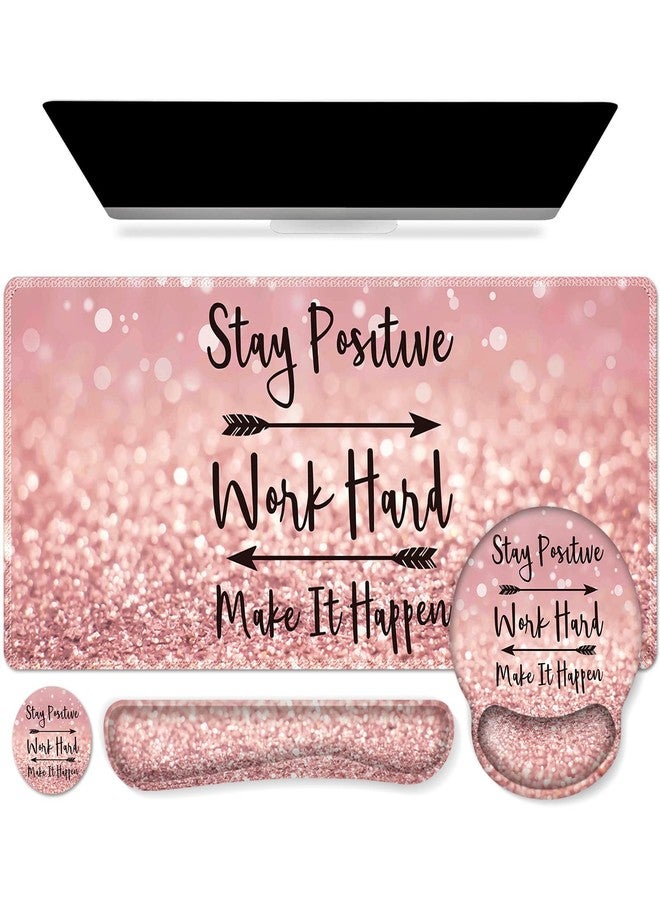 iCasso Mouse Pad,Large Pink Desk Mat Set, 4in1 XXL Mousepad + Keyboard Wrist Rest+Mouse Wrist Rest+Coaster with Ergonomic Desk Pad for Home Office Table Computer Cover -Pink Stay Positive - Image 1
