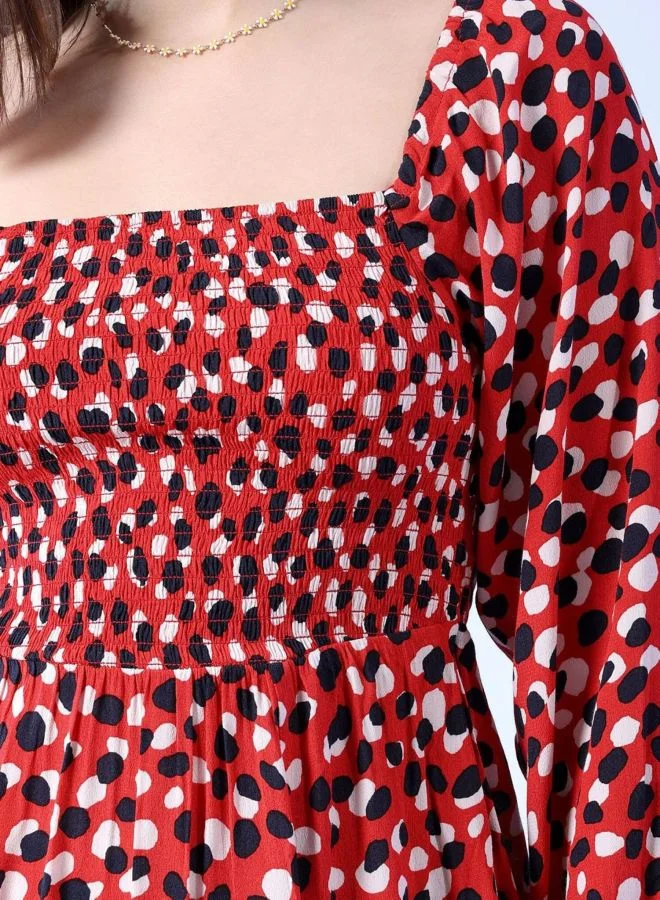مرفوعة Women Fit and Flared Abstract Printed Square Neck Long Sleeve Midi Dress