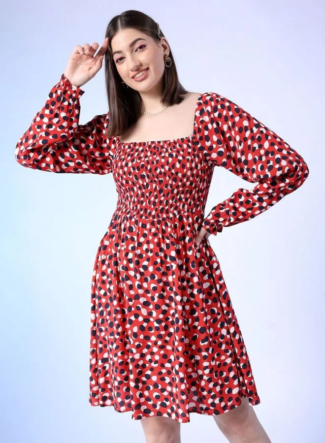 مرفوعة Women Fit and Flared Abstract Printed Square Neck Long Sleeve Midi Dress