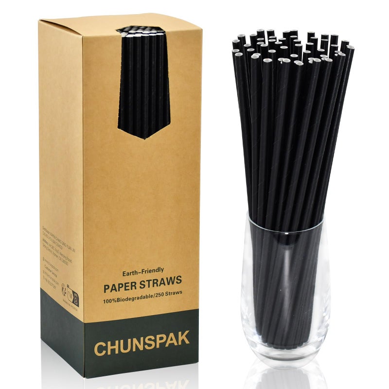 Chunspak 10 inch Long Disposable Black Paper Cocktail Straws & Stirrer Sticks  250 Counts  Unwrapped - for Tall Drinks  Bars and Restaurants - Image 1