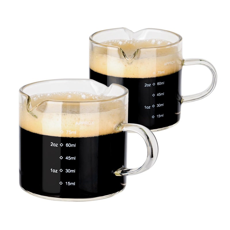 Emlim Espresso Double Spout Glass Coffee Cups with Handle - 75ML/2.5OZ Clear Borosilicate Glass Shot Glasses with Scale Measurement (2 Pack) - Image 1