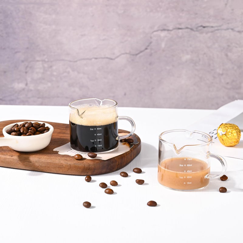 Emlim Espresso Double Spout Glass Coffee Cups with Handle - 75ML/2.5OZ Clear Borosilicate Glass Shot Glasses with Scale Measurement (2 Pack) - Image 3