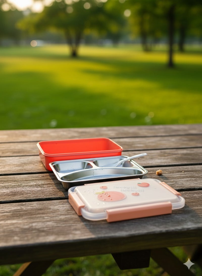 توشيونيكس صندوق غداء آمن للاستخدام في الميكروويف مصنوع من الفولاذ المقاوم للصدأ - سعة 1.2 لتر - مزود بثلاثة أقسام، وغطاء مانع للتسرب، وملعقة، وخالي من مادة BPA، وآمن للاستخدام في الفريزر وغسالة الأطباق - للأطفال والكبار - مثالي للمدرسة والمكتب وصالة الألعاب الرياضية والسفر - 21 × 15 × 5 سم - Image 1