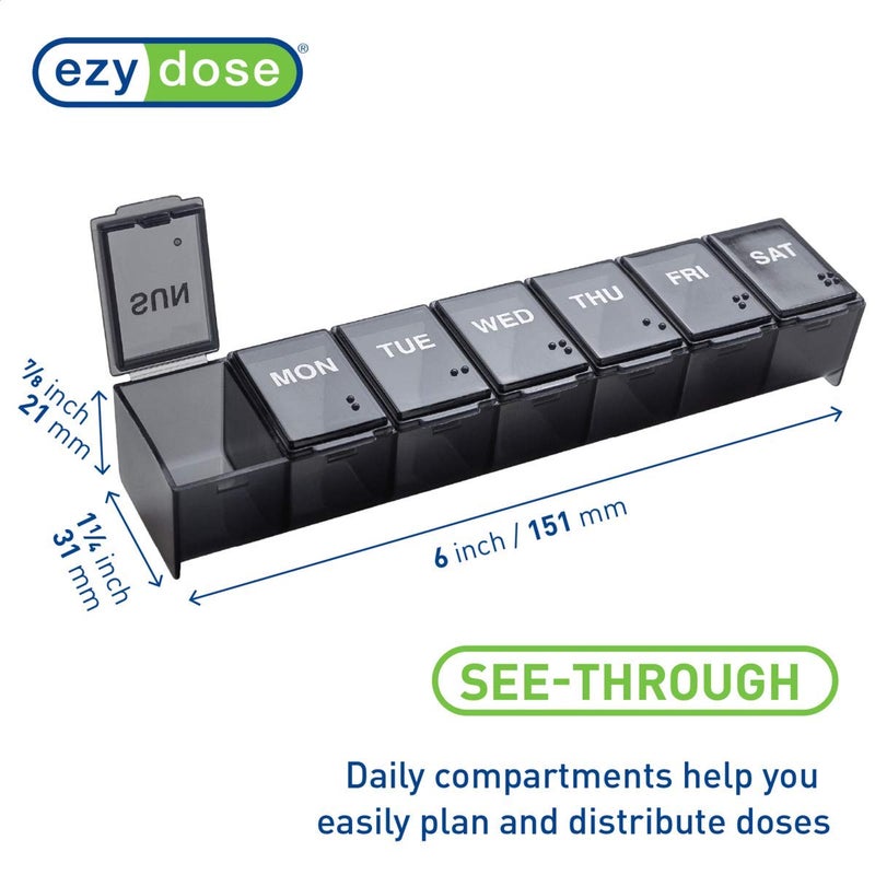 EZY DOSE Weekly (7-Day) Daily Pill Organizer, Vitamin Planner, and Medicine Container, Large Compartments, Easy to Open, Travel Friendly, Includes One Black and One White (2 Pack), Made in The USA - Image 2