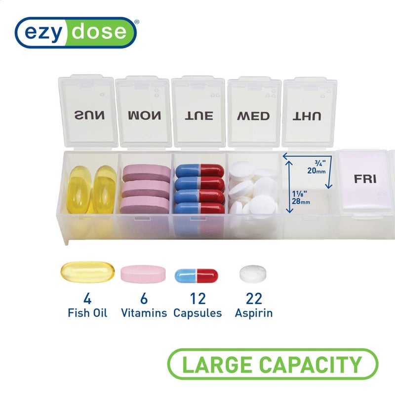 EZY DOSE Weekly (7-Day) Daily Pill Organizer, Vitamin Planner, and Medicine Container, Large Compartments, Easy to Open, Travel Friendly, Includes One Black and One White (2 Pack), Made in The USA - Image 3