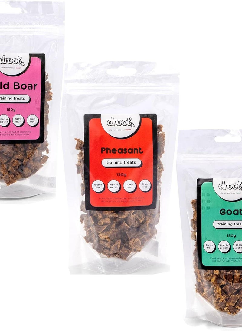 GGOOT Pet Products 100% Pure Dried Fresh Meat Pheasant Wild Boar Goat | Triple Pack Training Treats for Dogs | 3 x 150g Air-Dried Nibbles Dog Chews for Dogs & Puppies  - Image 1