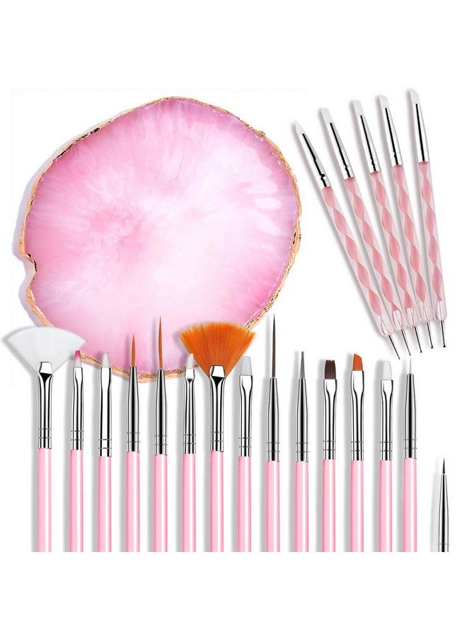 AUOCATTAIL 21 Pcs Nail Art Brushes Nail Art Tool Set Resin Palette Nail Art Painting Mixed Color 2 Way Acrylic Silicone Carving Pen Dotting Pen Tool Manicure Kit DIY Makeup Display Board for Home Salon, Pink - Image 1